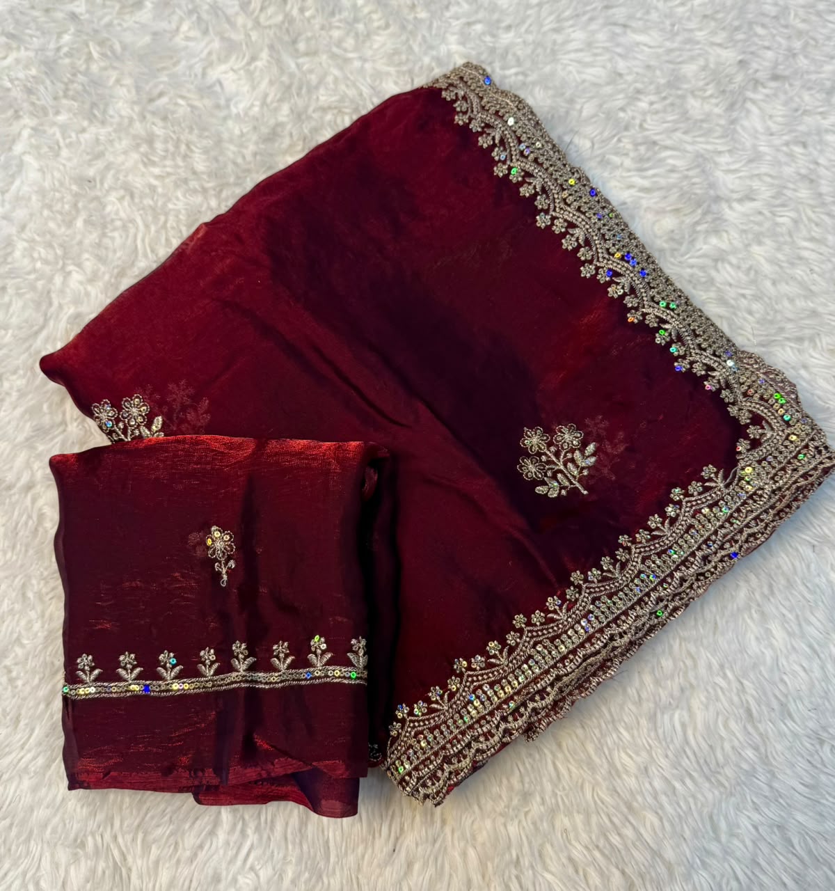 Blossom Wedding Wear Silk Embroidery Sequence n Thread Work Fancy Saree With Blouse Piece