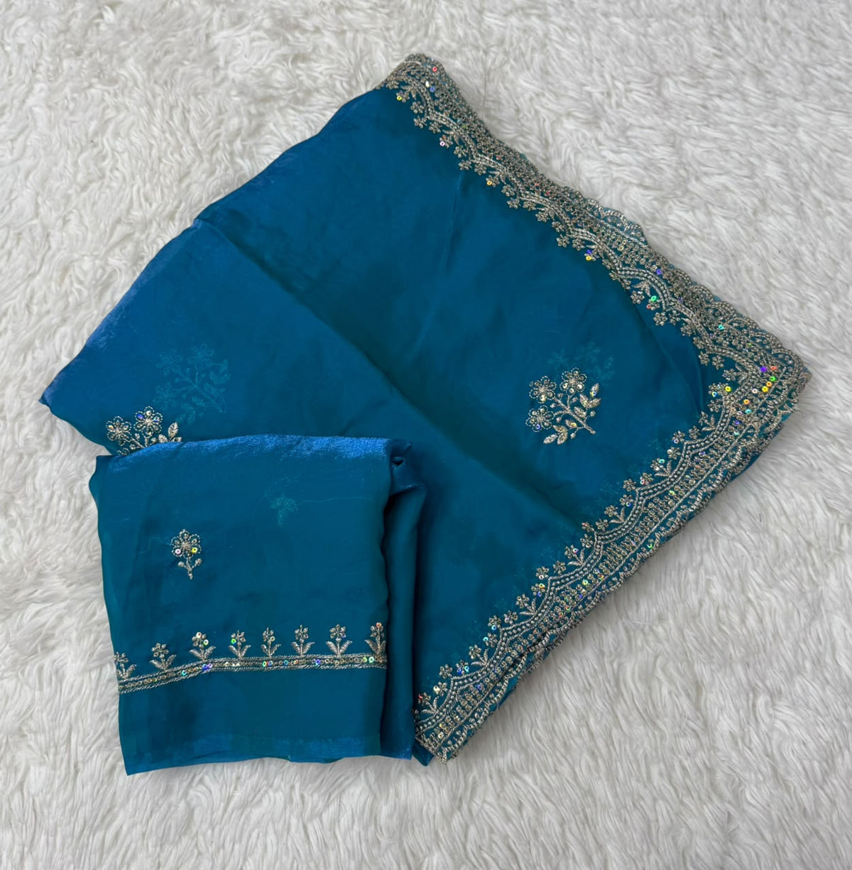 Blossom Wedding Wear Silk Embroidery Sequence n Thread Work Fancy Saree With Blouse Piece