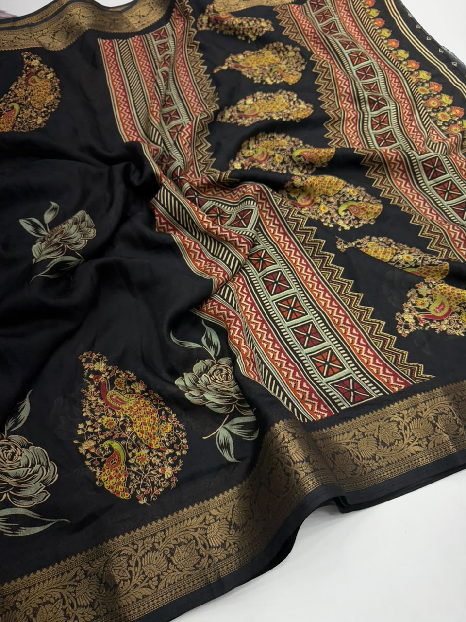 Divine Party Wear Silk Print Design Jacquard Border Rich Pallu Fancy Saree With Blouse Piece