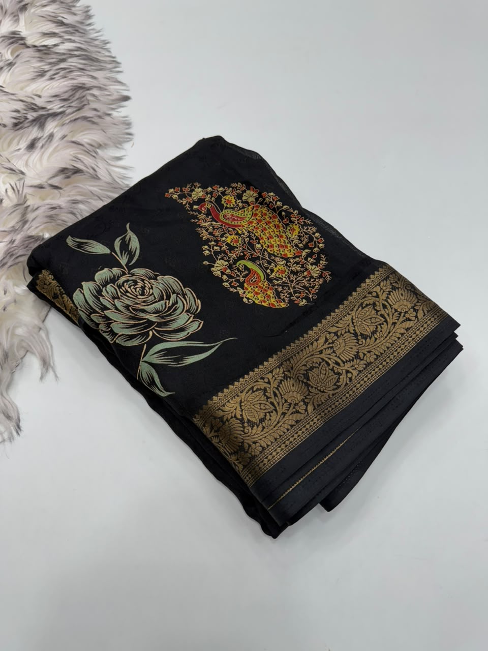Divine Party Wear Silk Print Design Jacquard Border Rich Pallu Fancy Saree With Blouse Piece