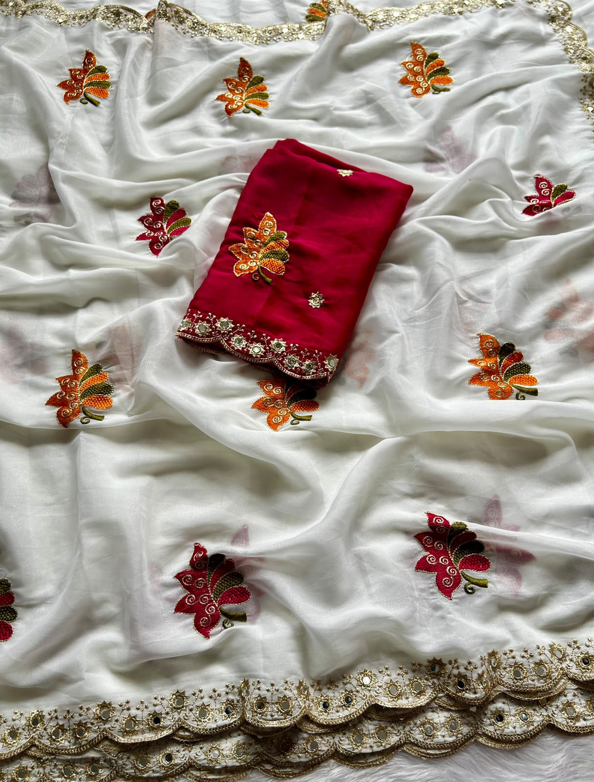 Blossom Wedding Wear Georgette Embroidery n Mirror Work Fancy Saree With Unstitched Blouse Piece