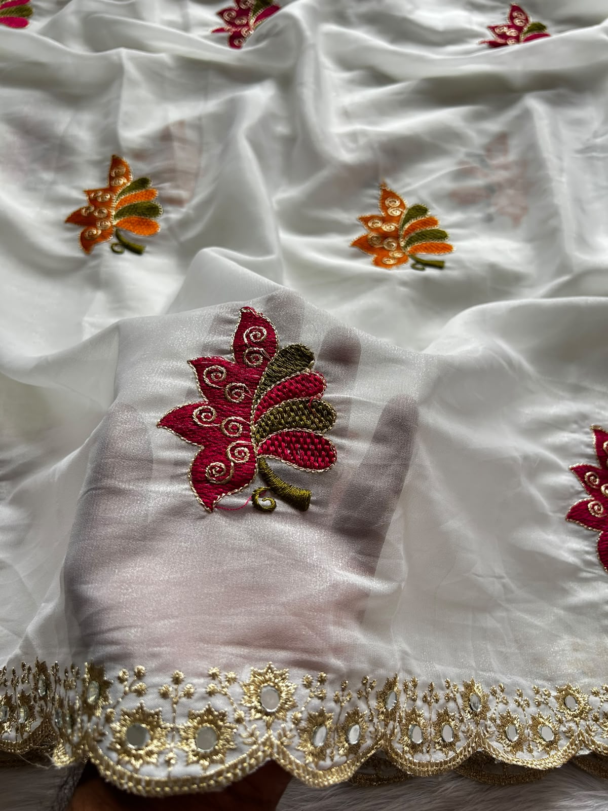 Blossom Wedding Wear Georgette Embroidery n Mirror Work Fancy Saree With Unstitched Blouse Piece
