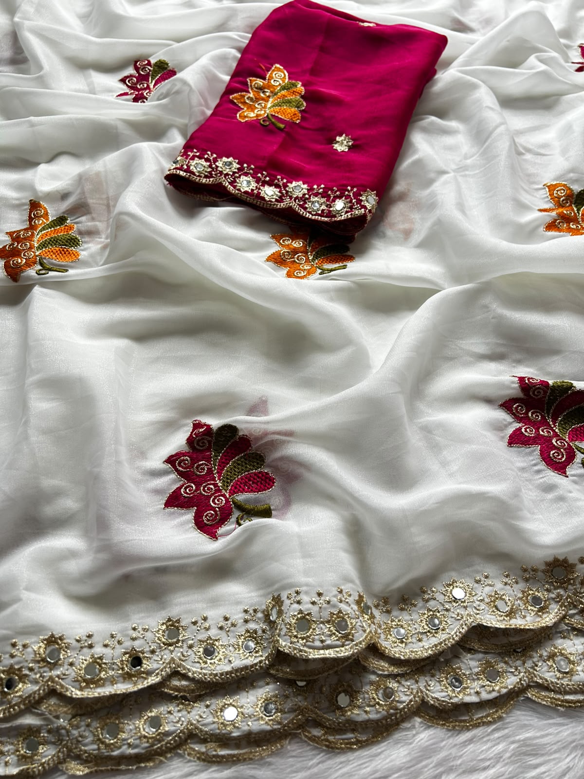 Blossom Wedding Wear Georgette Embroidery n Mirror Work Fancy Saree With Unstitched Blouse Piece