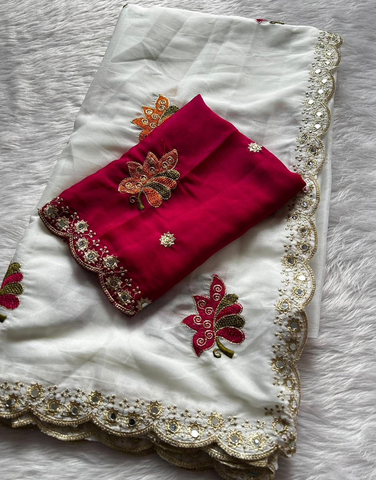 Blossom Wedding Wear Georgette Embroidery n Mirror Work Fancy Saree With Unstitched Blouse Piece