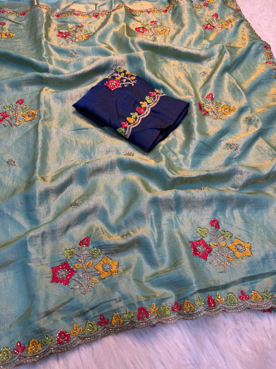 Incredible Festive Wear Satin Silk Embroidery n Thread Work Fancy Saree With Blouse Piece