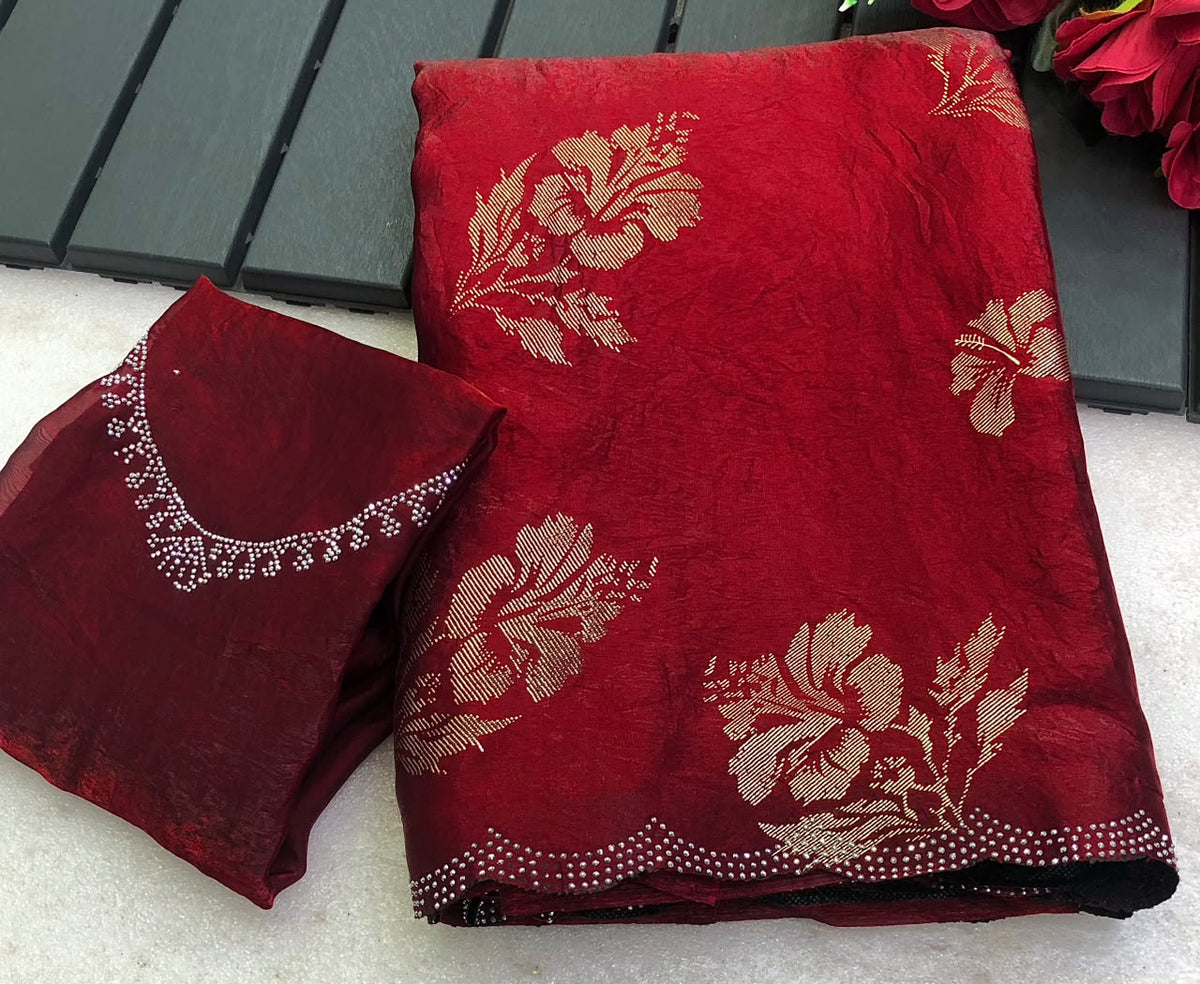 Regal Wedding Wear Silk Foil Print n Siroski Work Design Saree With Blouse Piece