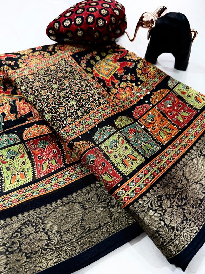 Desiring Party Wear Silk Print n Sequence Work n Jacquard Border Fancy Saree With Blouse Piece