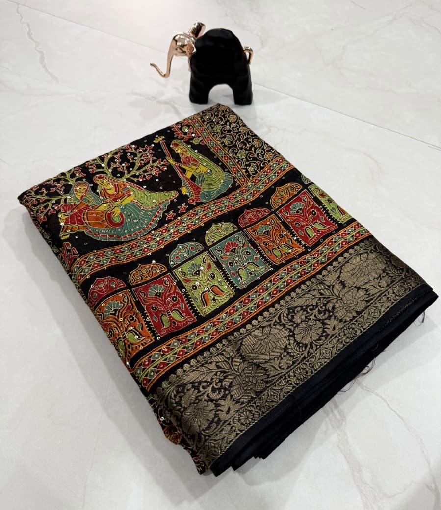 Desiring Party Wear Silk Print n Sequence Work n Jacquard Border Fancy Saree With Blouse Piece