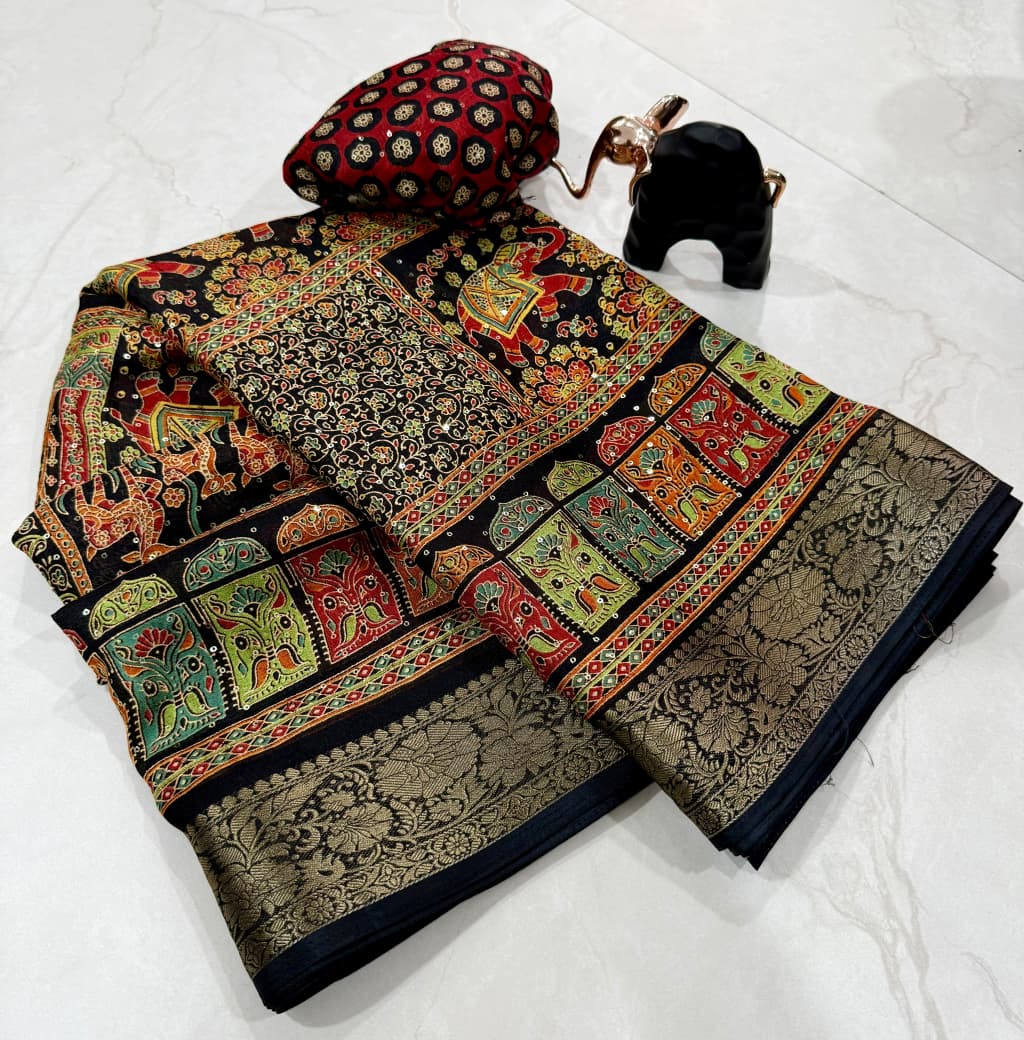 Desiring Party Wear Silk Print n Sequence Work n Jacquard Border Fancy Saree With Blouse Piece