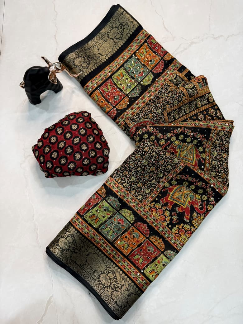 Desiring Party Wear Silk Print n Sequence Work n Jacquard Border Fancy Saree With Blouse Piece
