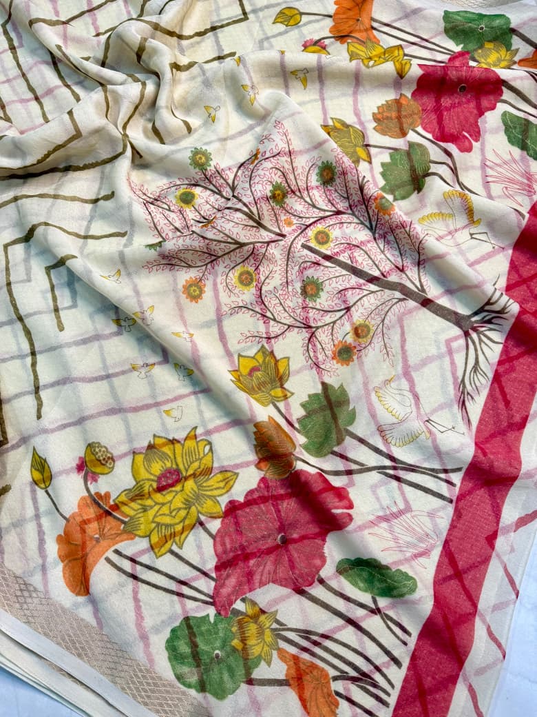 Effervescent Festive Wear Organza Silk Print Design Jacquard Border Fancy Saree With Blouse Piece