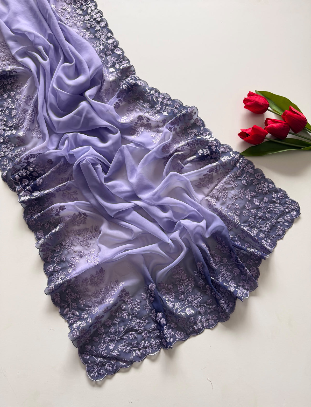 Whimsical Party Wear Soft Silk Embroidery Work n Scalloped Border Designer SareeFor Women