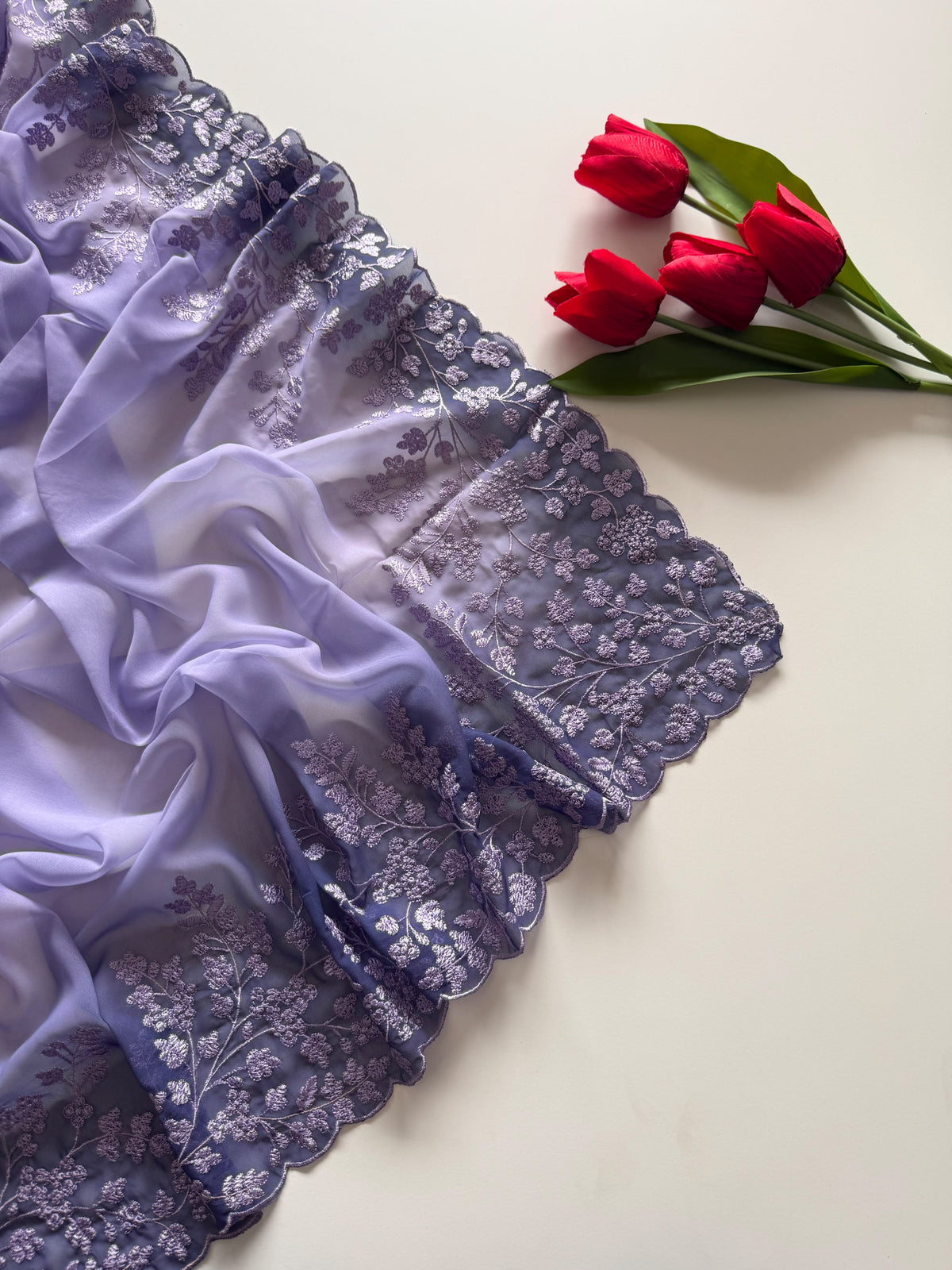 Whimsical Party Wear Soft Silk Embroidery Work n Scalloped Border Designer SareeFor Women