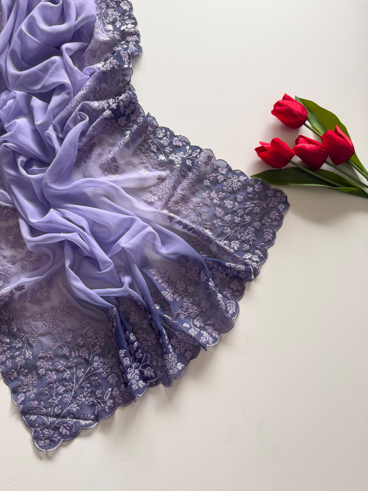 Whimsical Party Wear Soft Silk Embroidery Work n Scalloped Border Designer SareeFor Women