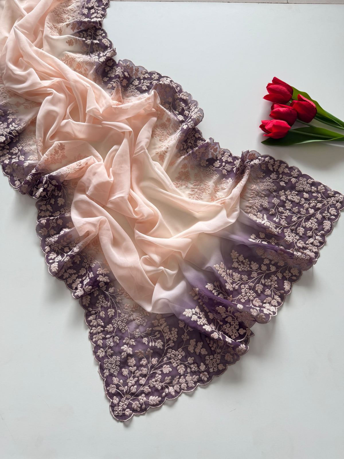 Whimsical Party Wear Soft Silk Embroidery Work n Scalloped Border Designer SareeFor Women