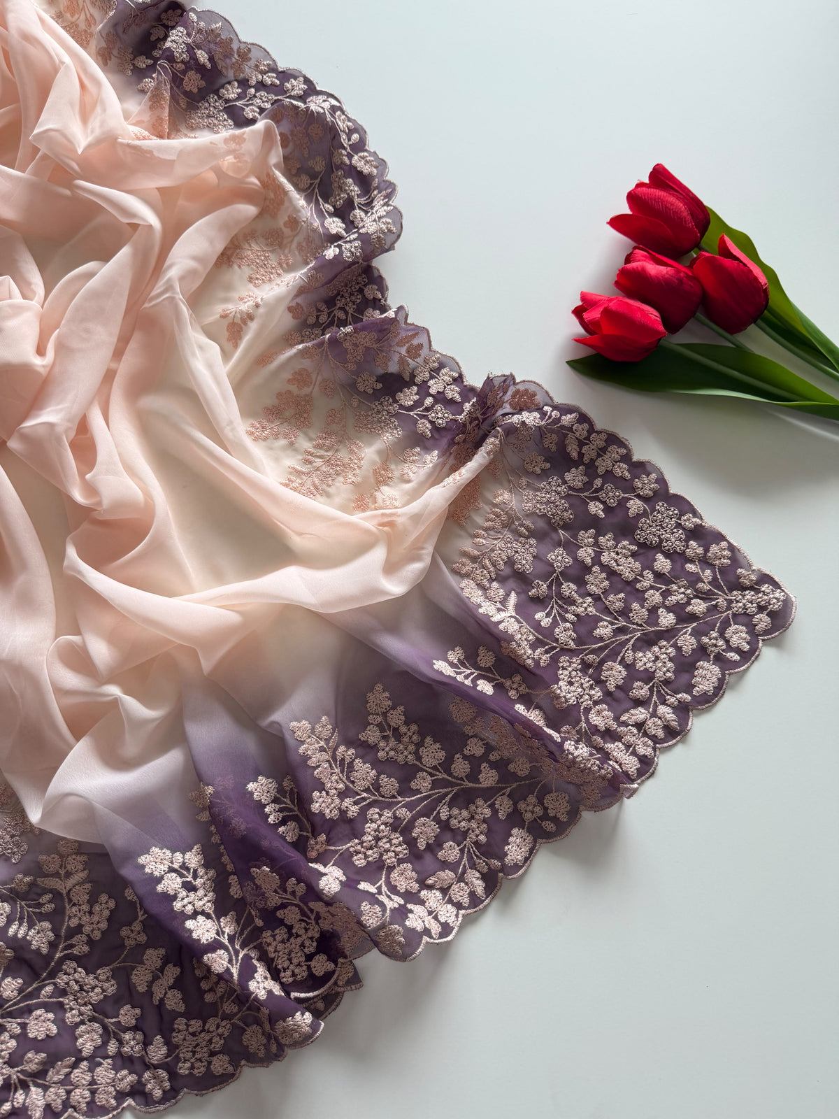 Whimsical Party Wear Soft Silk Embroidery Work n Scalloped Border Designer SareeFor Women