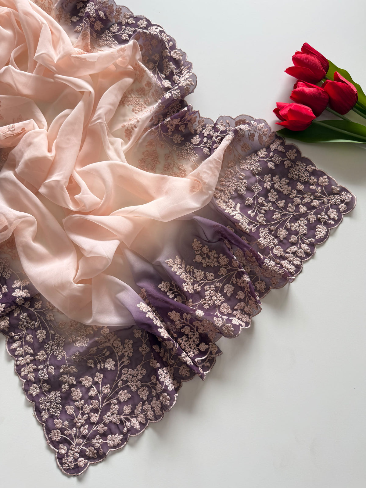 Whimsical Party Wear Soft Silk Embroidery Work n Scalloped Border Designer SareeFor Women