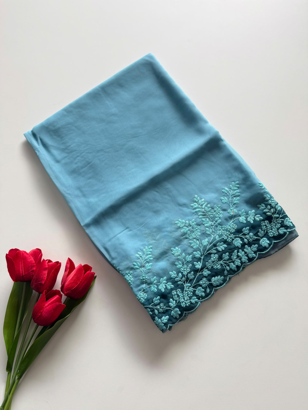 Whimsical Party Wear Soft Silk Embroidery Work n Scalloped Border Designer SareeFor Women