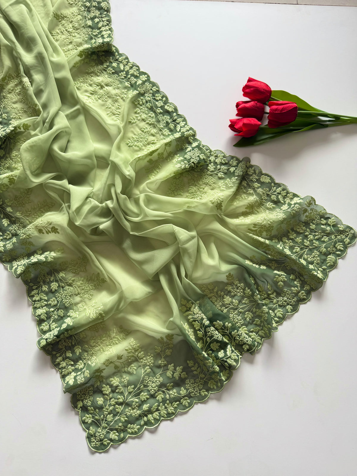 Whimsical Party Wear Soft Silk Embroidery Work n Scalloped Border Designer SareeFor Women