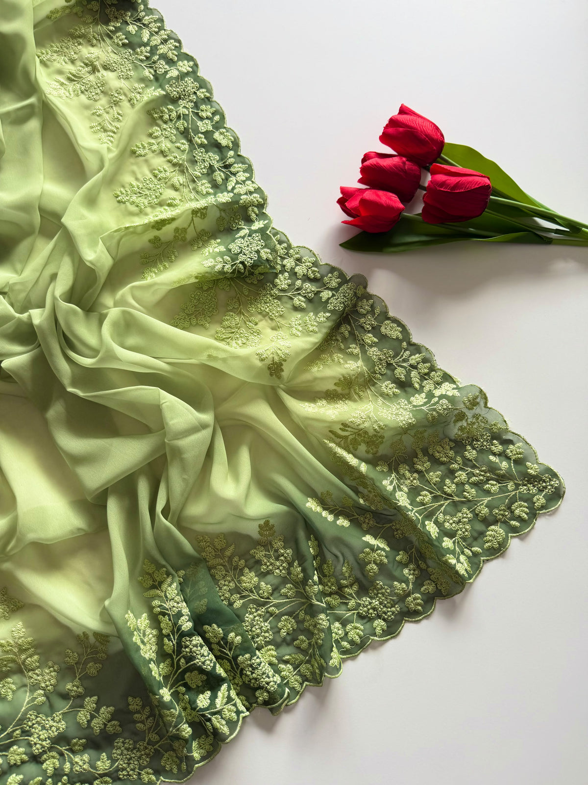 Whimsical Party Wear Soft Silk Embroidery Work n Scalloped Border Designer SareeFor Women