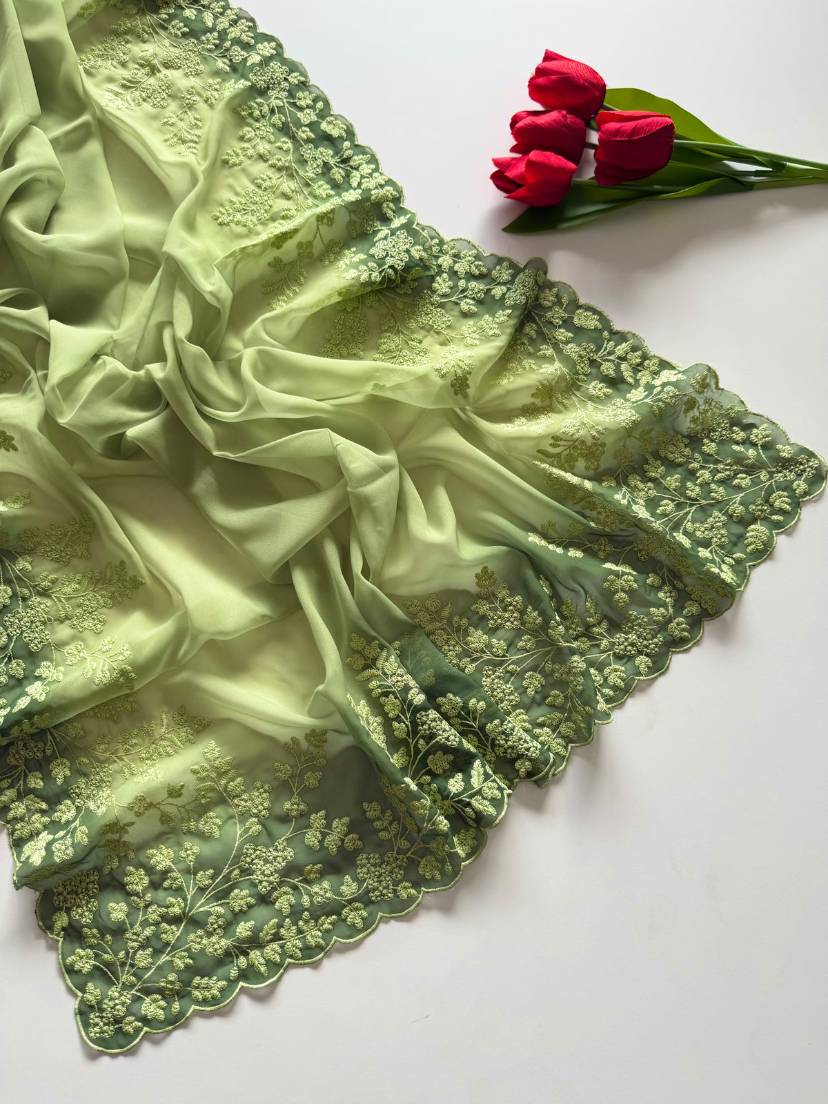 Whimsical Party Wear Soft Silk Embroidery Work n Scalloped Border Designer SareeFor Women
