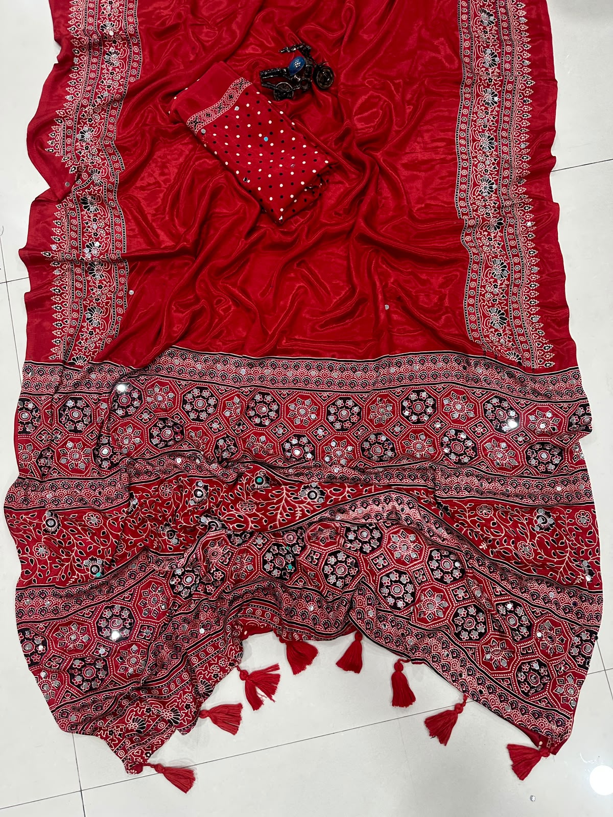 Regal Wedding Wear Satin Silk Mirror n Ajrak Printed Rich Pallu Fancy Saree With Blissful  Blouse Piece