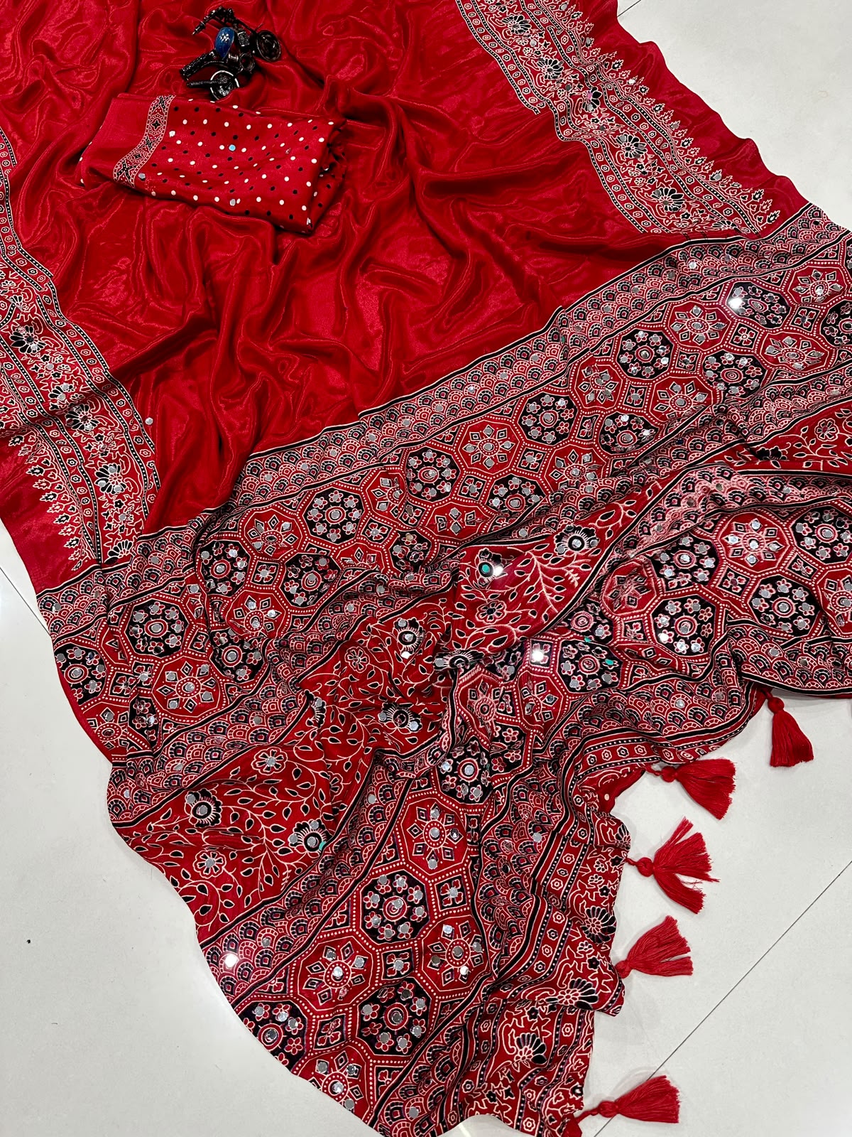 Regal Wedding Wear Satin Silk Mirror n Ajrak Printed Rich Pallu Fancy Saree With Blissful  Blouse Piece