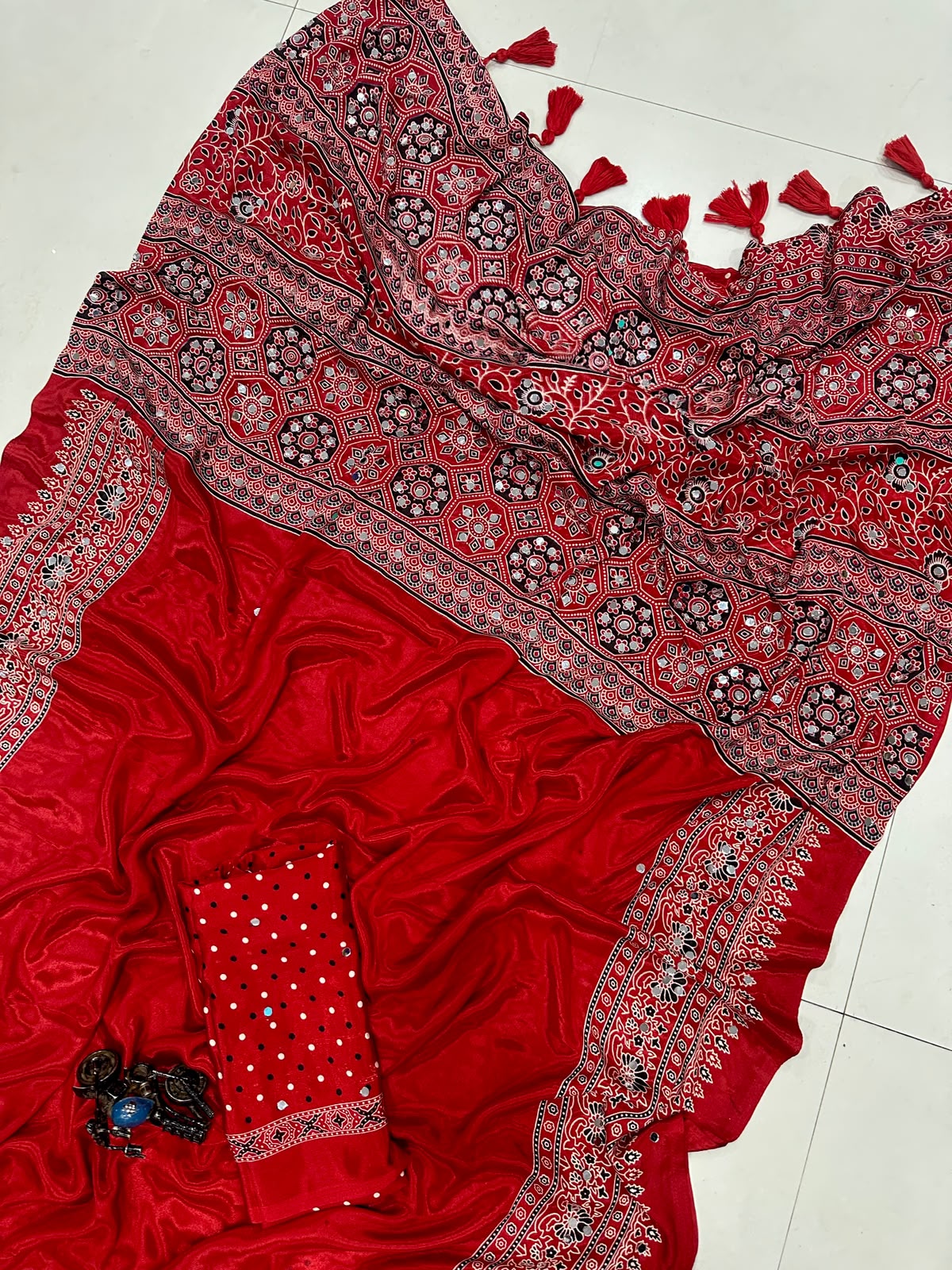 Regal Wedding Wear Satin Silk Mirror n Ajrak Printed Rich Pallu Fancy Saree With Blissful  Blouse Piece