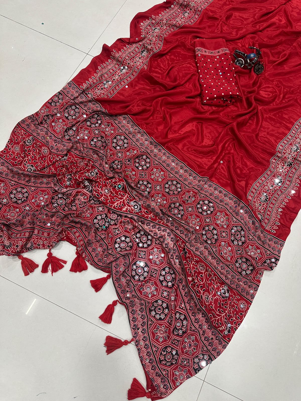 Regal Wedding Wear Satin Silk Mirror n Ajrak Printed Rich Pallu Fancy Saree With Blissful  Blouse Piece