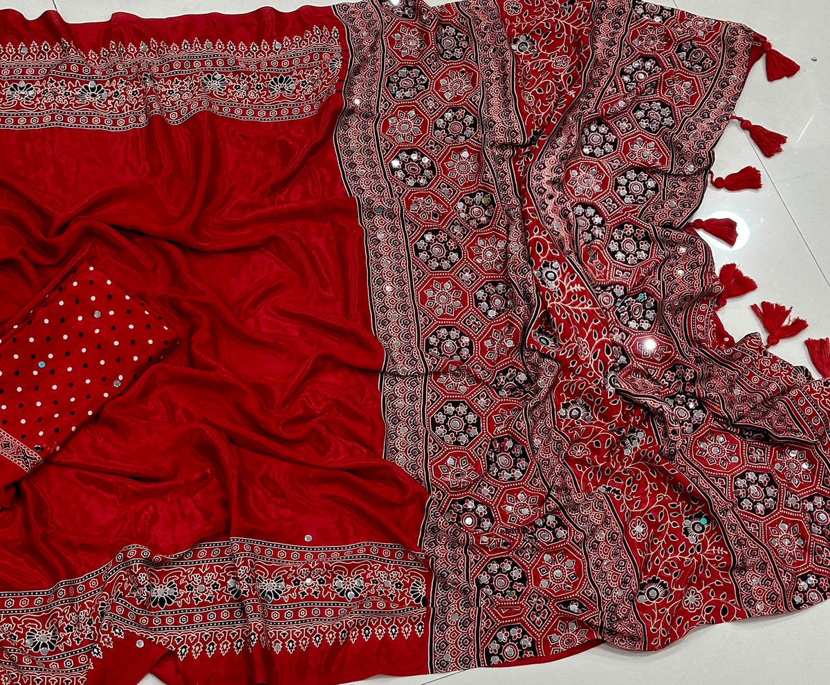 Regal Wedding Wear Satin Silk Mirror n Ajrak Printed Rich Pallu Fancy Saree With Blissful  Blouse Piece