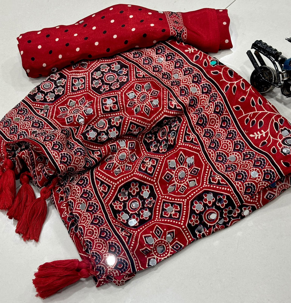 Regal Wedding Wear Satin Silk Mirror n Ajrak Printed Rich Pallu Fancy Saree With Blissful  Blouse Piece