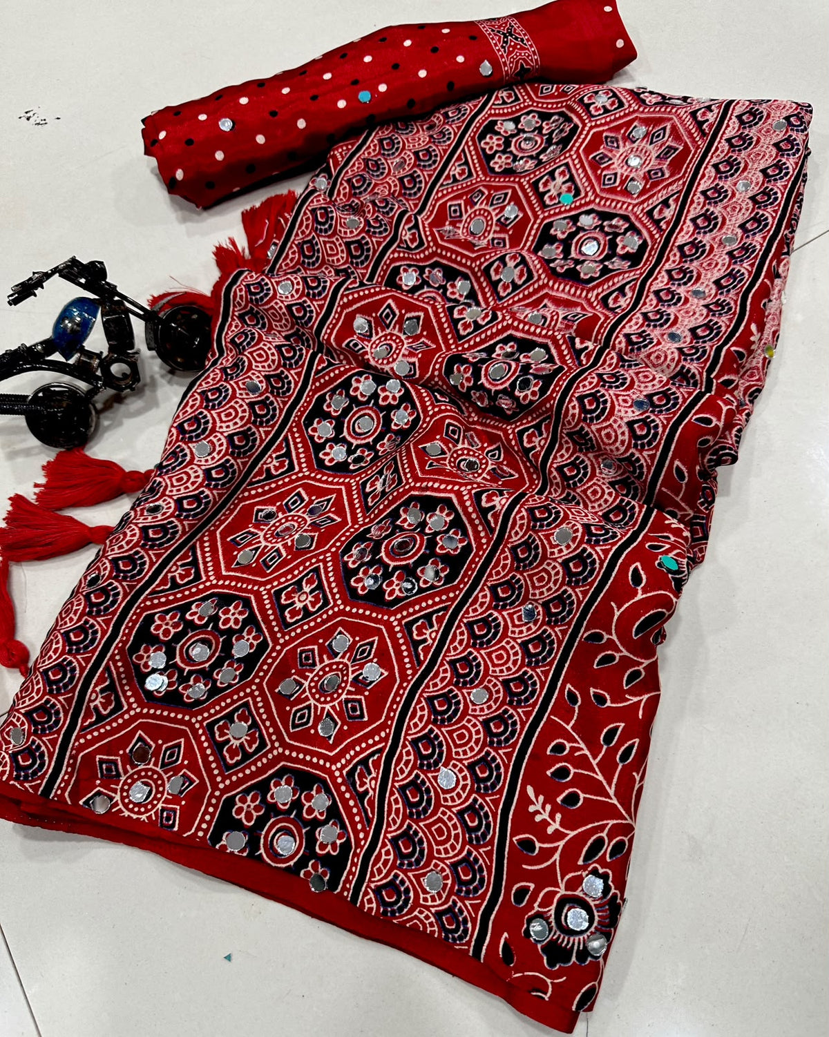 Regal Wedding Wear Satin Silk Mirror n Ajrak Printed Rich Pallu Fancy Saree With Blissful  Blouse Piece