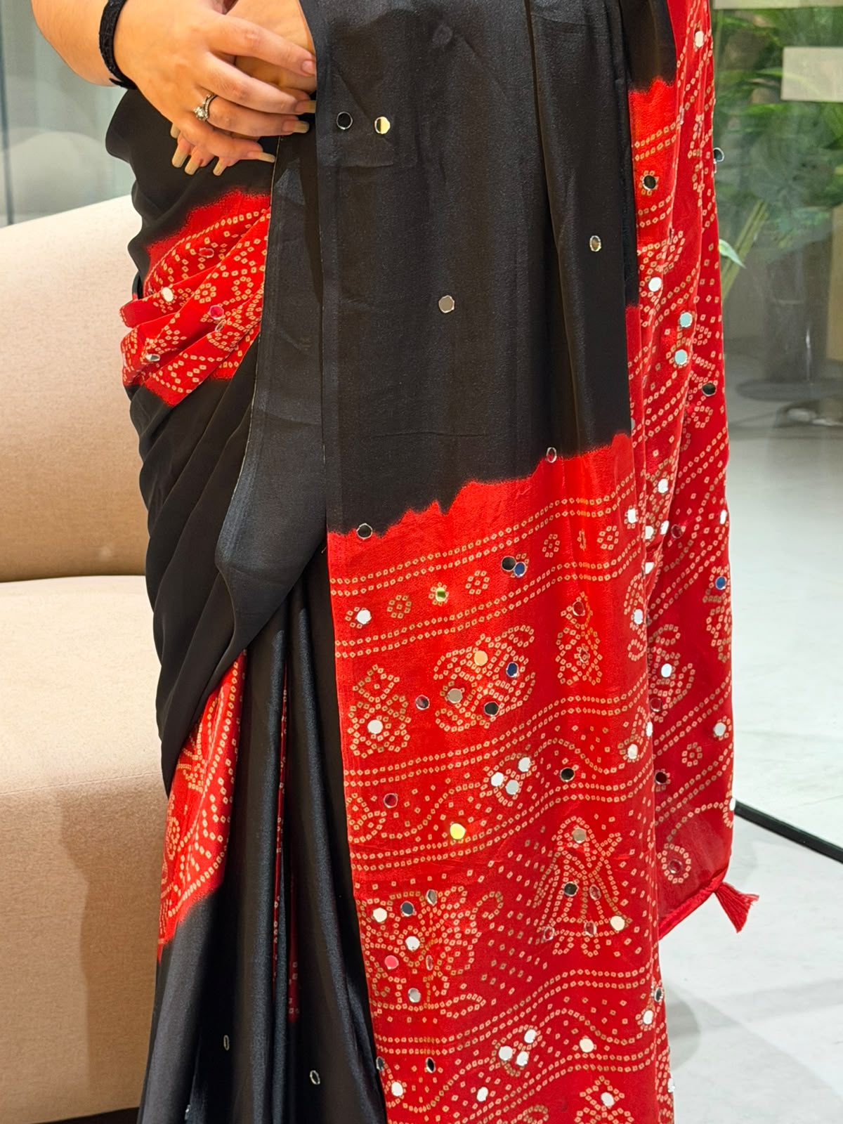 Effervescent Function Wear Satin Silk Heavy Mirror Work n Latkan Pallu Designer SareeWithBlouse Piece