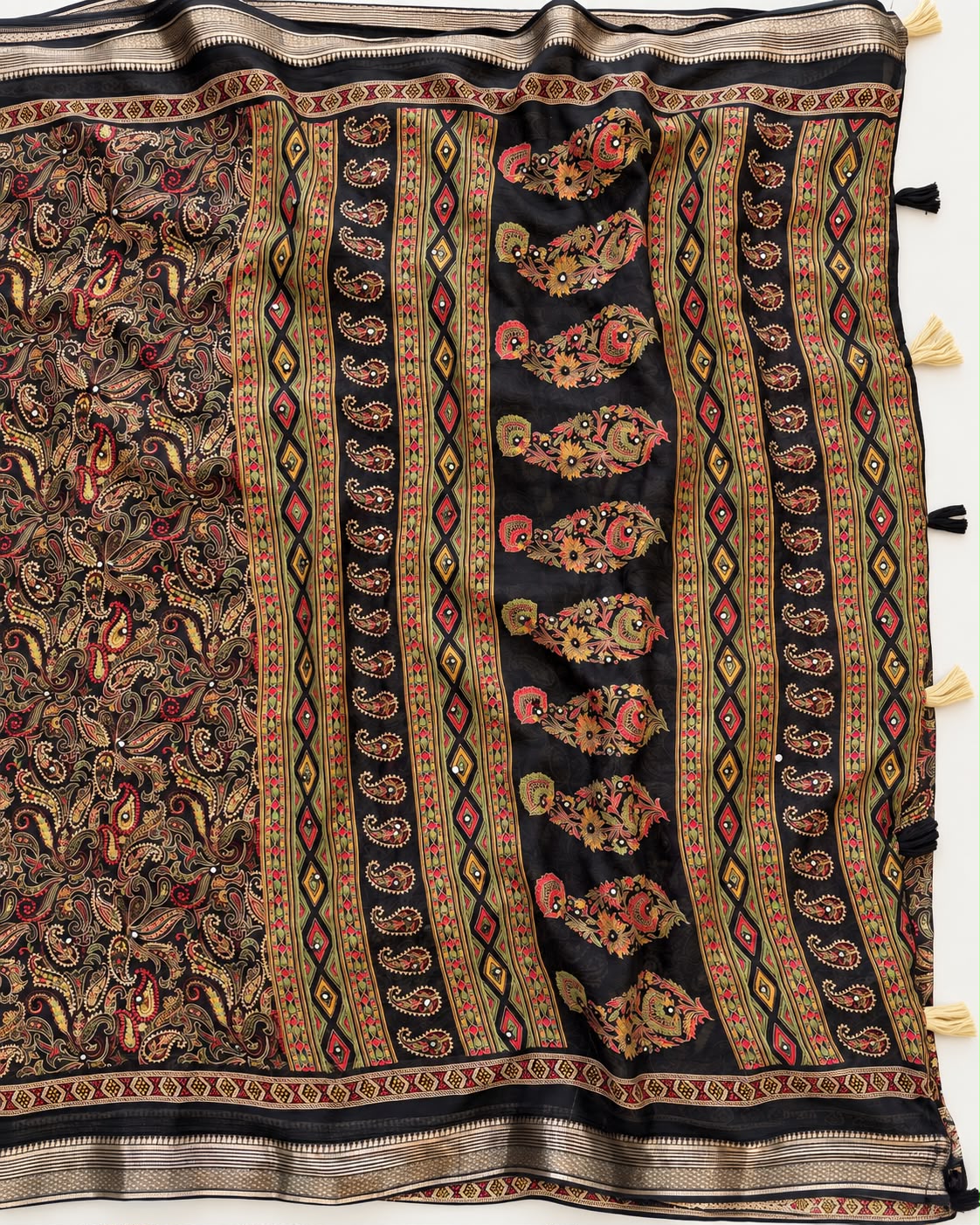 Delightful Festive Wear Georgette Print Design Jacquard Border n Mirror Work Fancy Saree With Blouse Piece