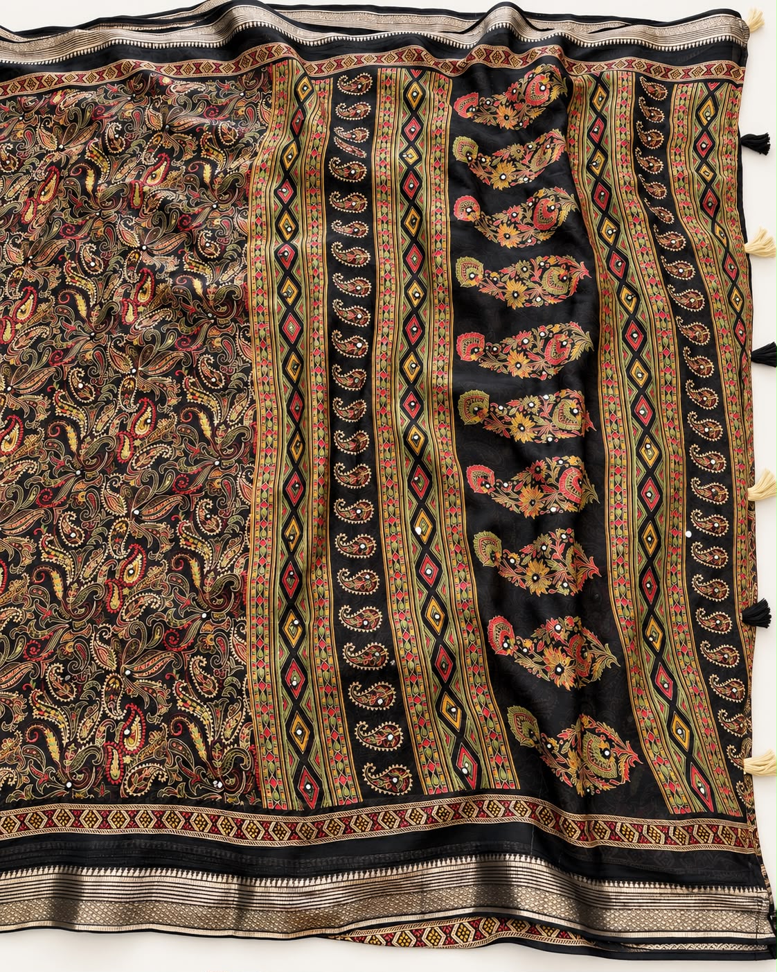 Delightful Festive Wear Georgette Print Design Jacquard Border n Mirror Work Fancy Saree With Blouse Piece