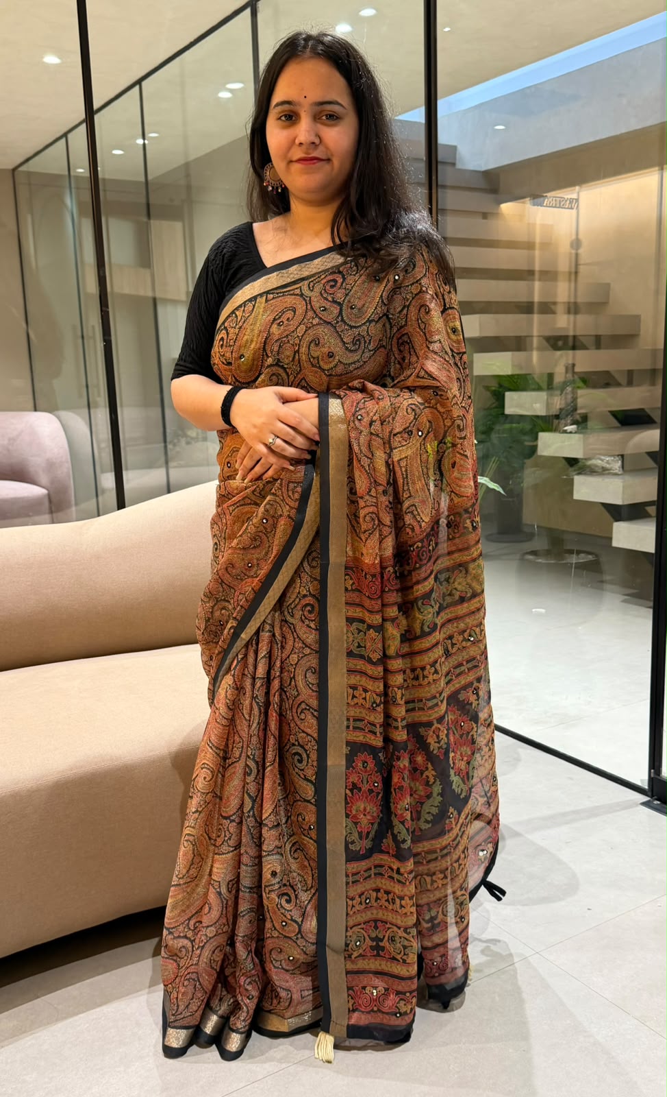 Confounding Festive Wear Georgette Print Design Jacquard Border Mirror Work Fancy  Saree With Blouse Piece