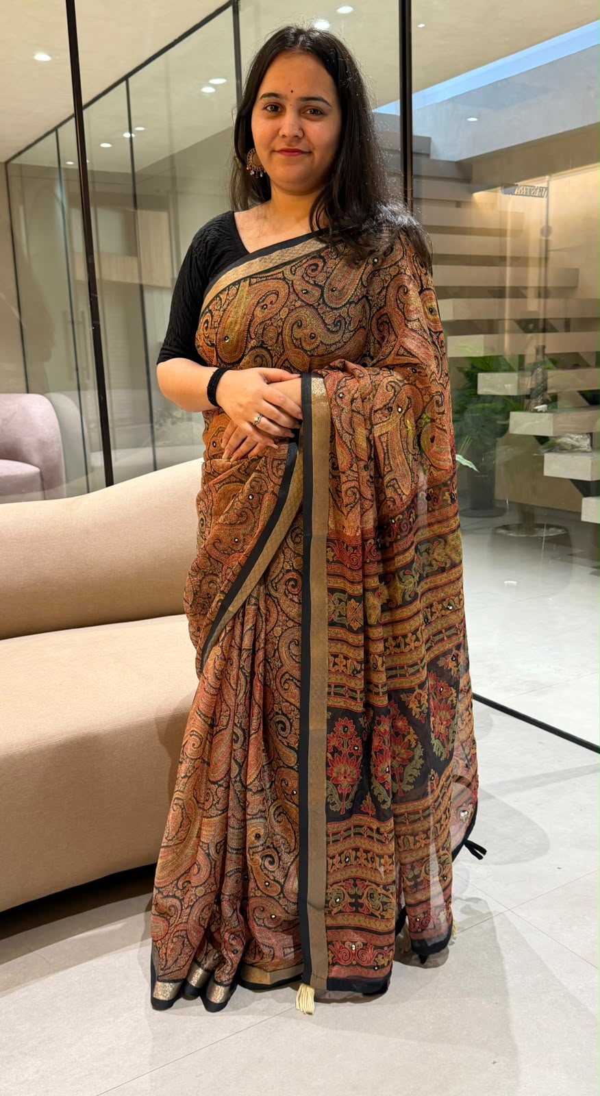 Confounding Festive Wear Georgette Print Design Jacquard Border Mirror Work Fancy  Saree With Blouse Piece