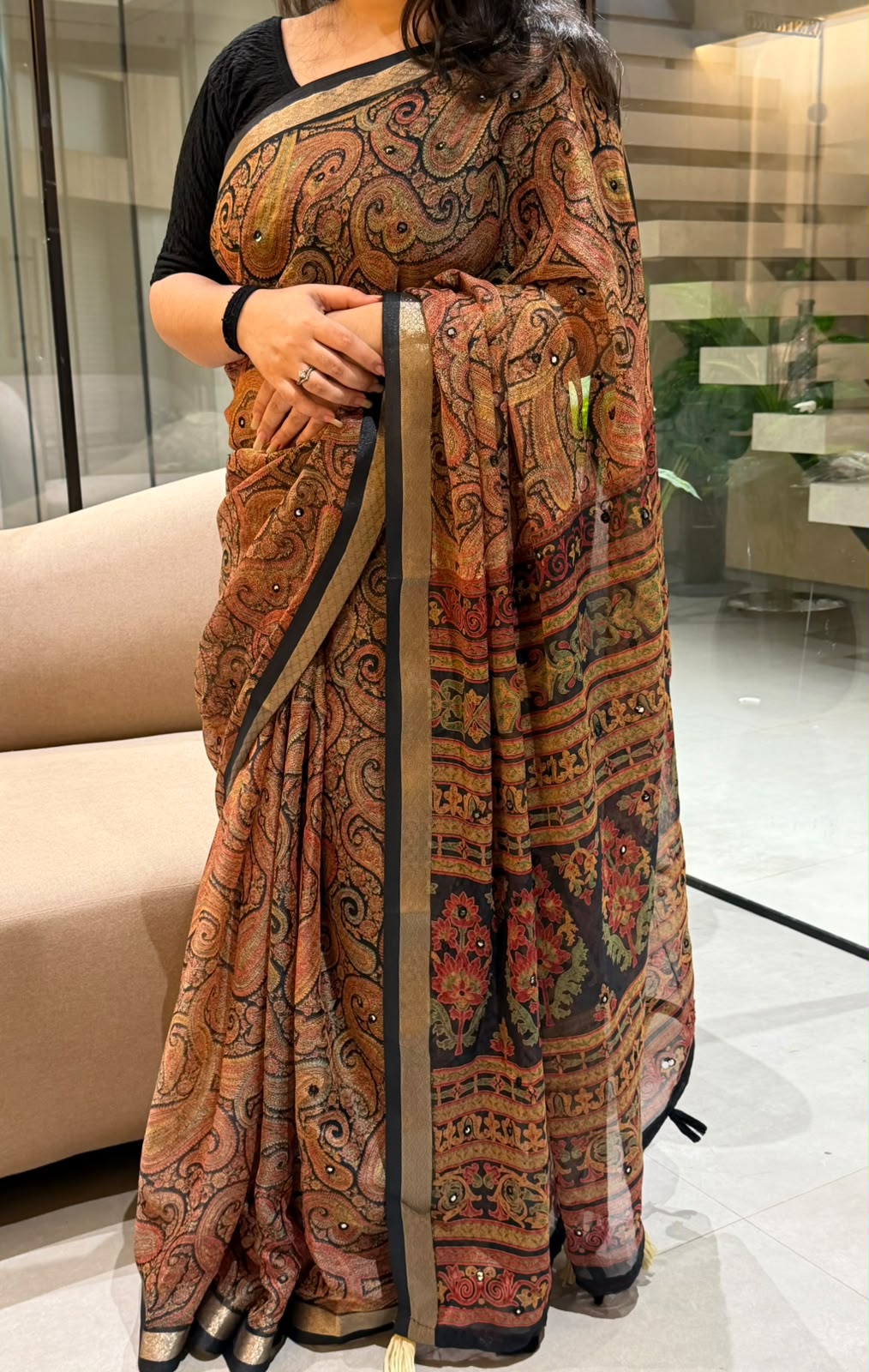 Confounding Festive Wear Georgette Print Design Jacquard Border Mirror Work Fancy  Saree With Blouse Piece