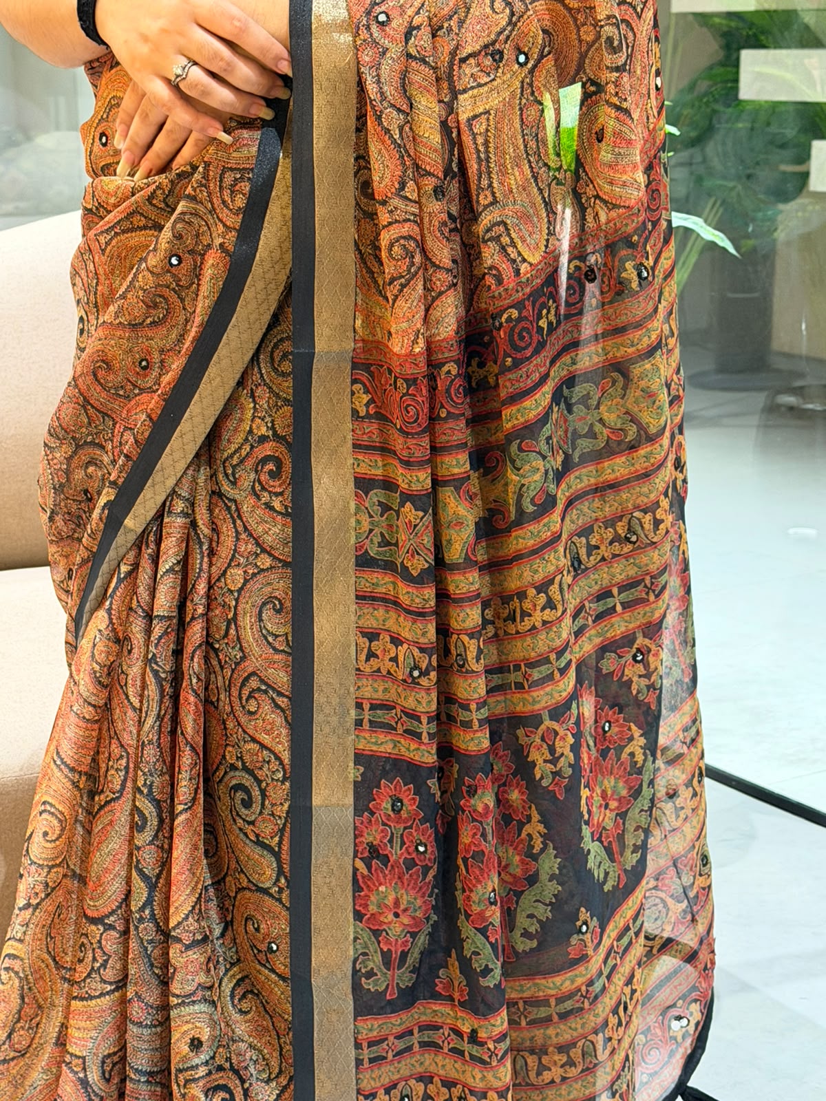 Confounding Festive Wear Georgette Print Design Jacquard Border Mirror Work Fancy  Saree With Blouse Piece