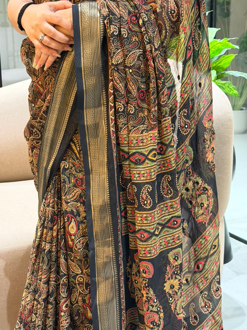 Delightful Festive Wear Georgette Print Design Jacquard Border n Mirror Work Fancy Saree With Blouse Piece