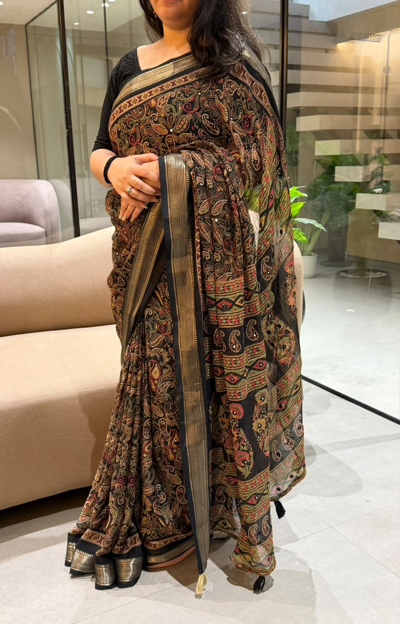 Delightful Festive Wear Georgette Print Design Jacquard Border n Mirror Work Fancy Saree With Blouse Piece