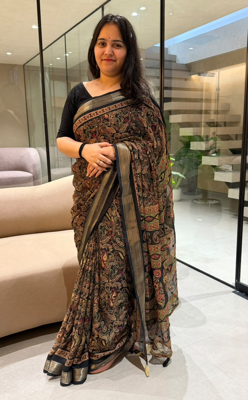 Delightful Festive Wear Georgette Print Design Jacquard Border n Mirror Work Fancy Saree With Blouse Piece