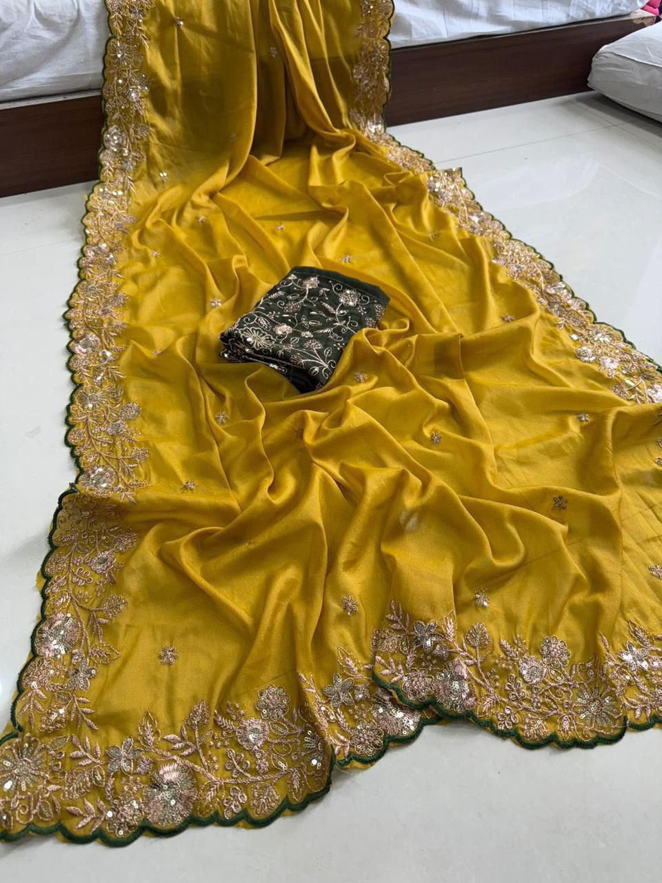 Charming Wedding Wear Georgette Sequence n Arco Border Fancy Saree With Contrast Blouse Piece