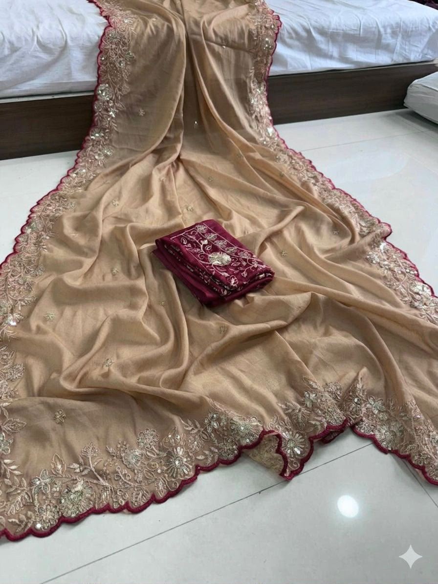 Charming Wedding Wear Georgette Sequence n Arco Border Fancy Saree With Contrast Blouse Piece