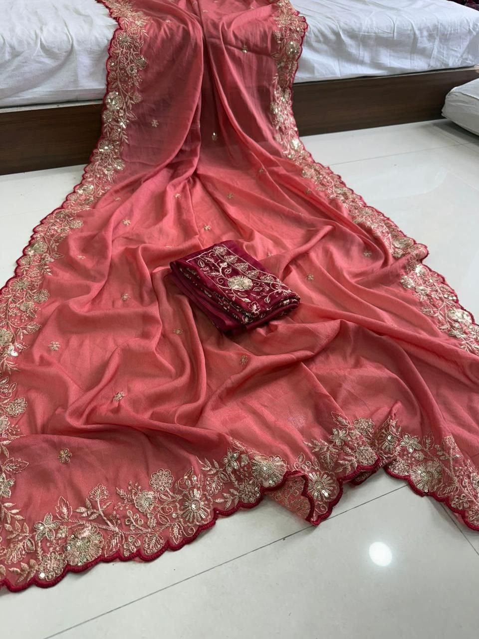 Charming Wedding Wear Georgette Sequence n Arco Border Fancy Saree With Contrast Blouse Piece