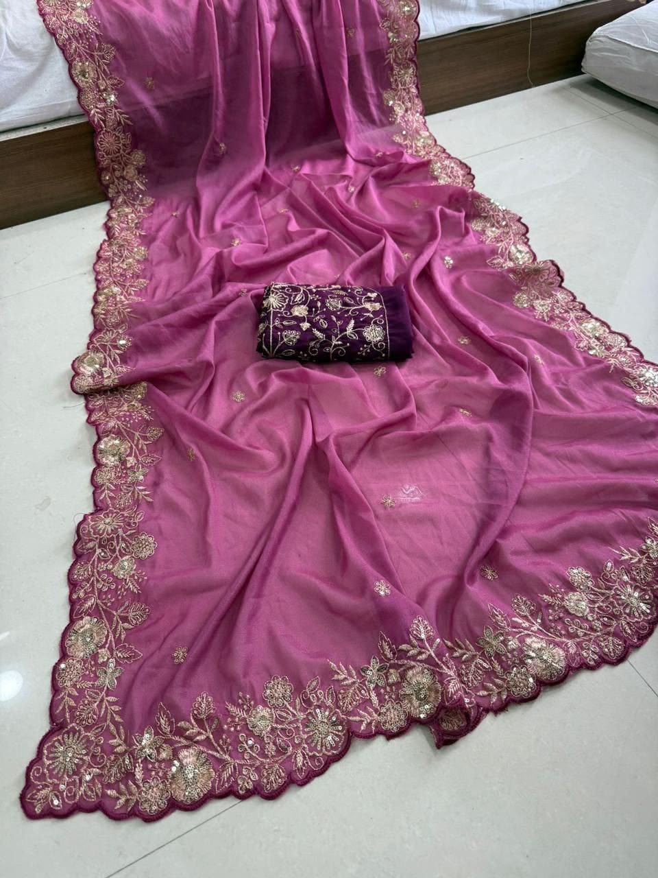 Charming Wedding Wear Georgette Sequence n Arco Border Fancy Saree With Contrast Blouse Piece