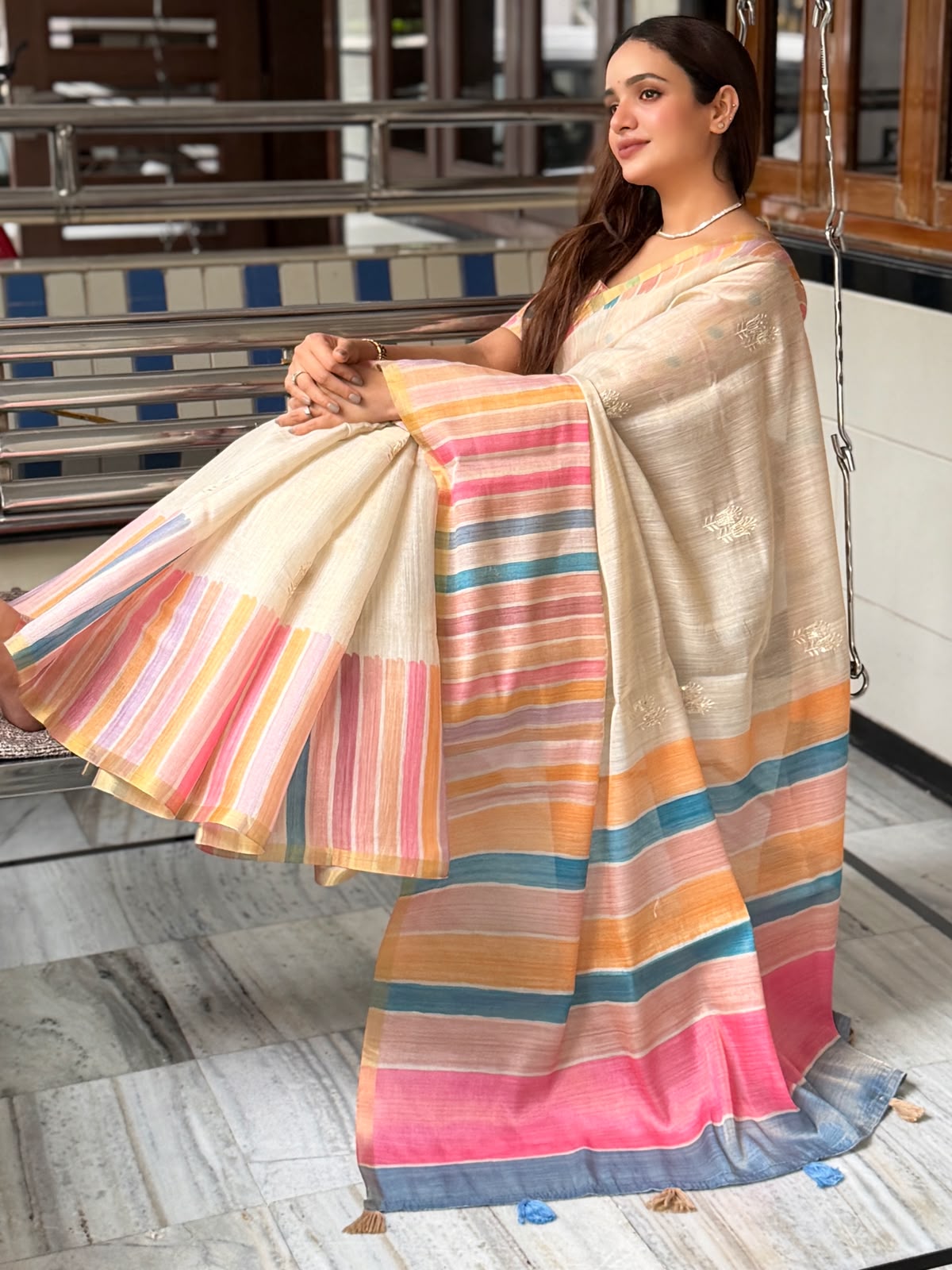Whimsical Function Wear Linen Cotton Thread n Tussels Pallu Fancy Saree With Unstitched Blouse Piece