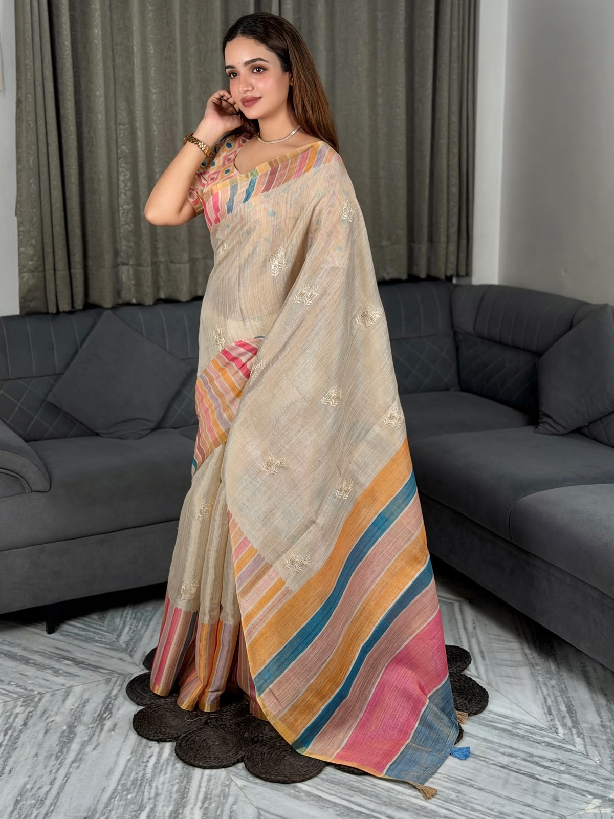 Whimsical Function Wear Linen Cotton Thread n Tussels Pallu Fancy Saree With Unstitched Blouse Piece