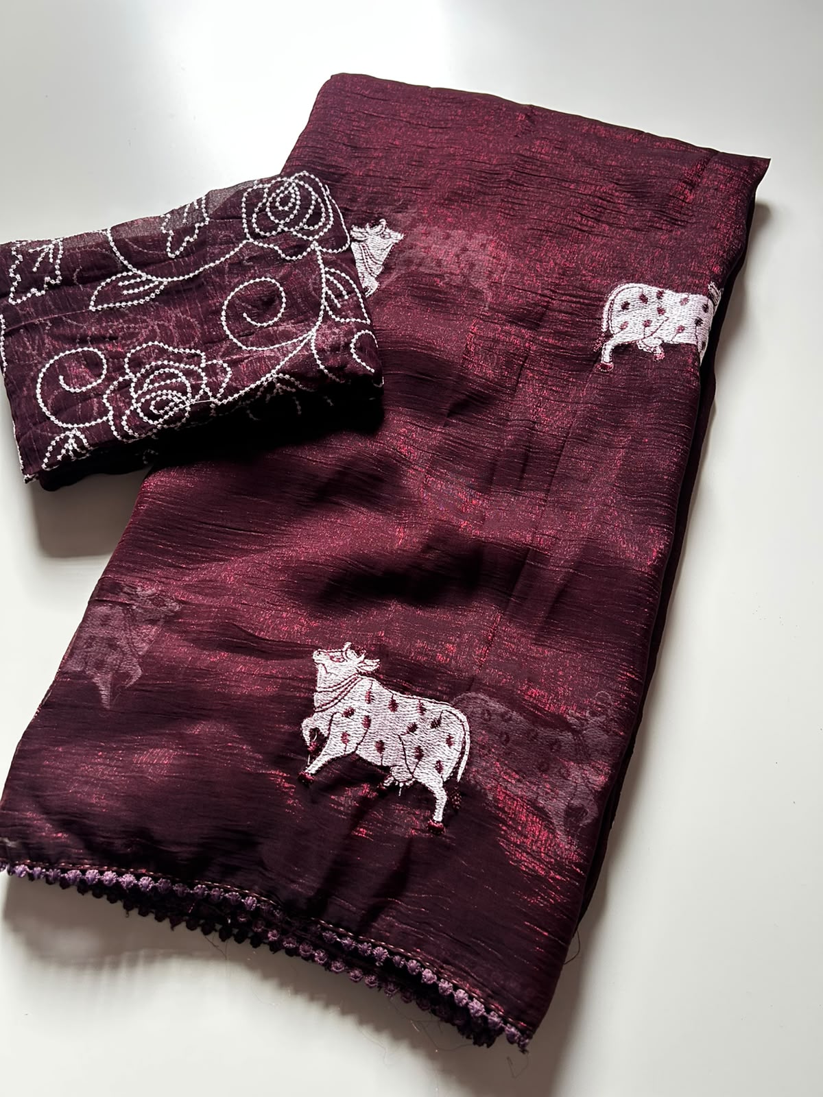 Heritage Party Wear Crush Silk Embroidery Work Fancy Saree With Matching Blouse Piece