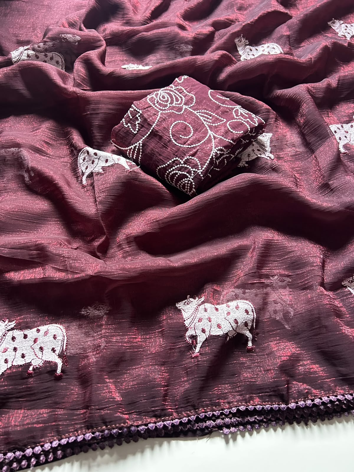 Heritage Party Wear Crush Silk Embroidery Work Fancy Saree With Matching Blouse Piece